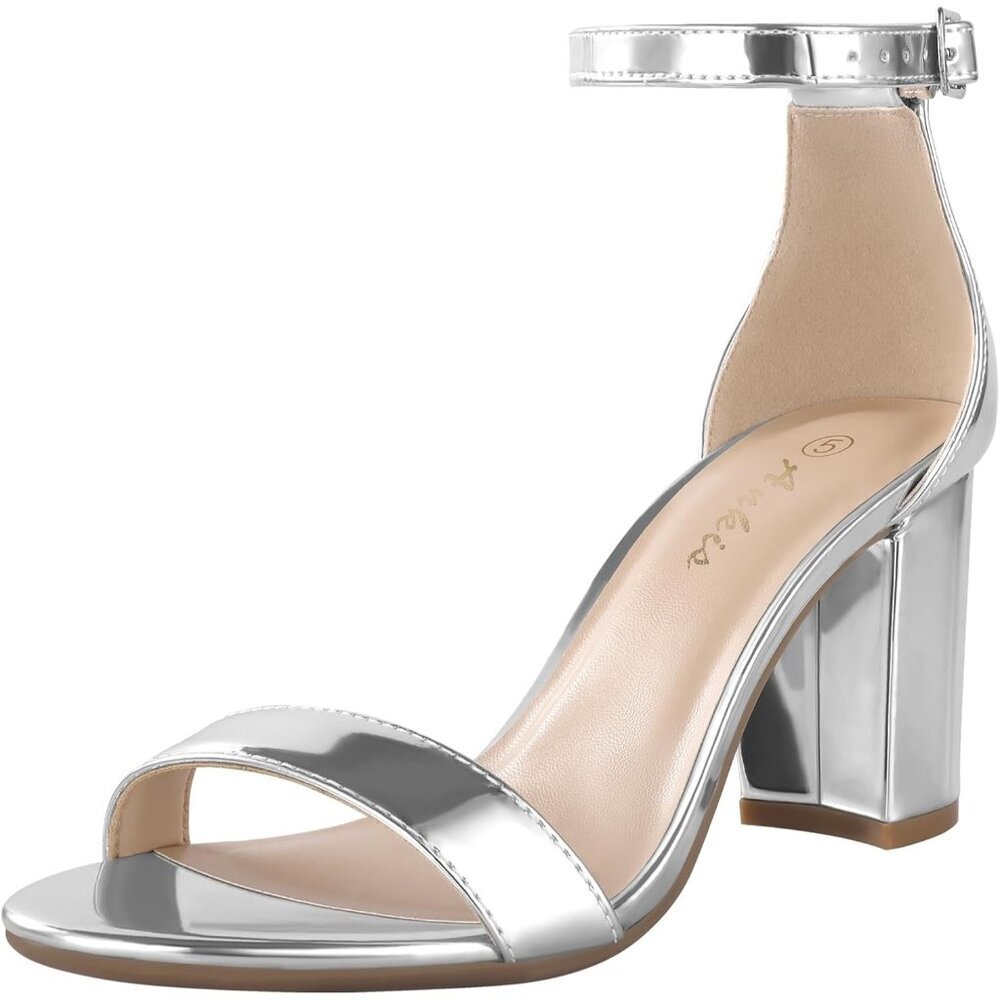 〽️Women's Silver Pu Open Toe Ankle Strap Chunky Heel Sandals with 2.75 Inch Heel